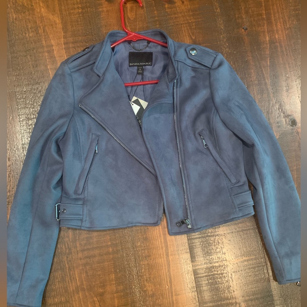 Banana Republic Vegan Suede Moto Jacket Small Petite Dusty Gray Blue